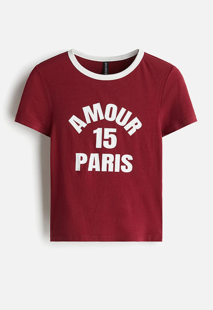H&M - Fitted cotton t-shirt - dark red/amour 