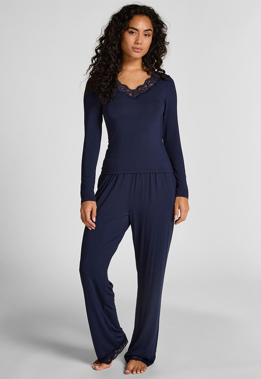 Hunkemoller - Pj ls jersey modal lace nana - maritime blue