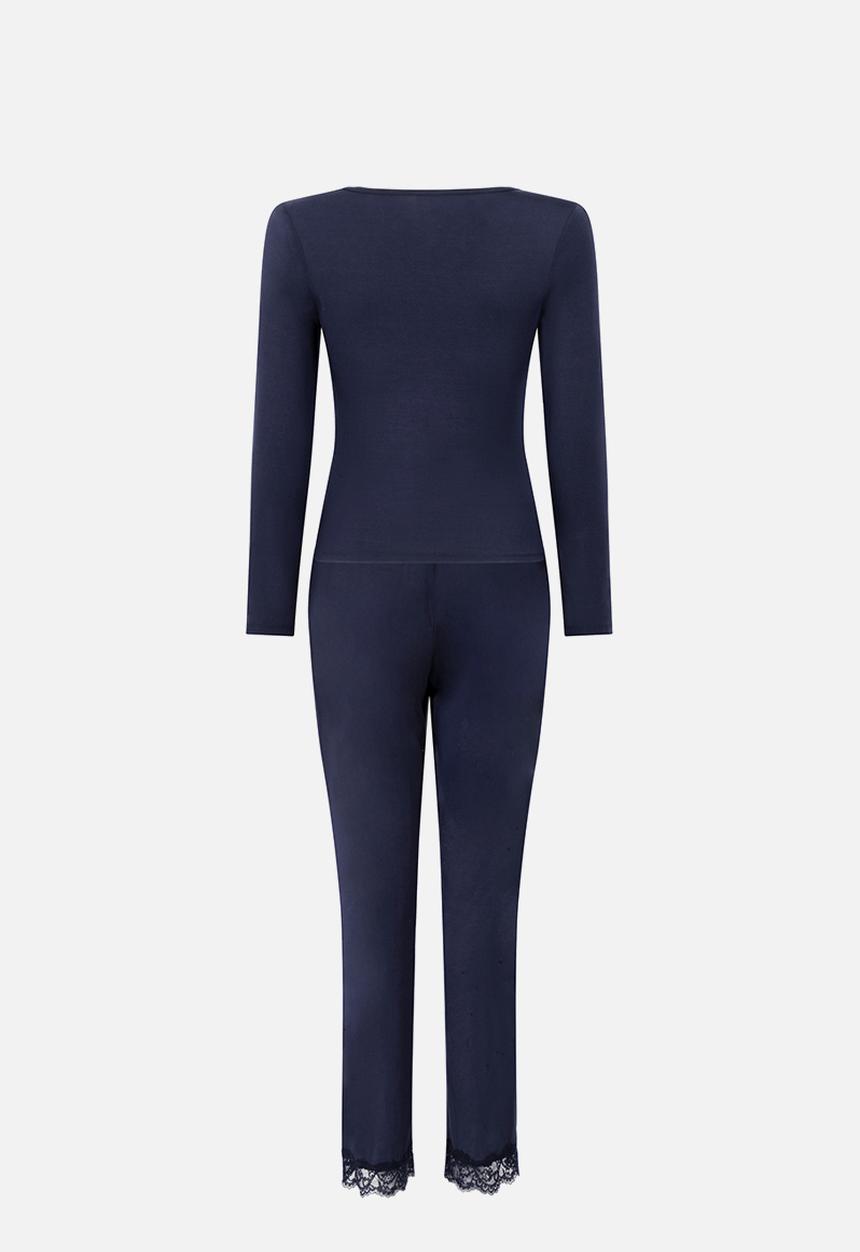 Hunkemoller - Pj ls jersey modal lace nana - maritime blue