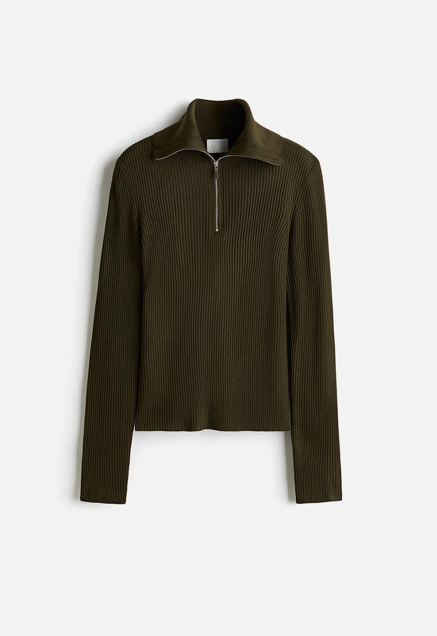 Rib-knit zip-top top - dark khaki green - 1307810004