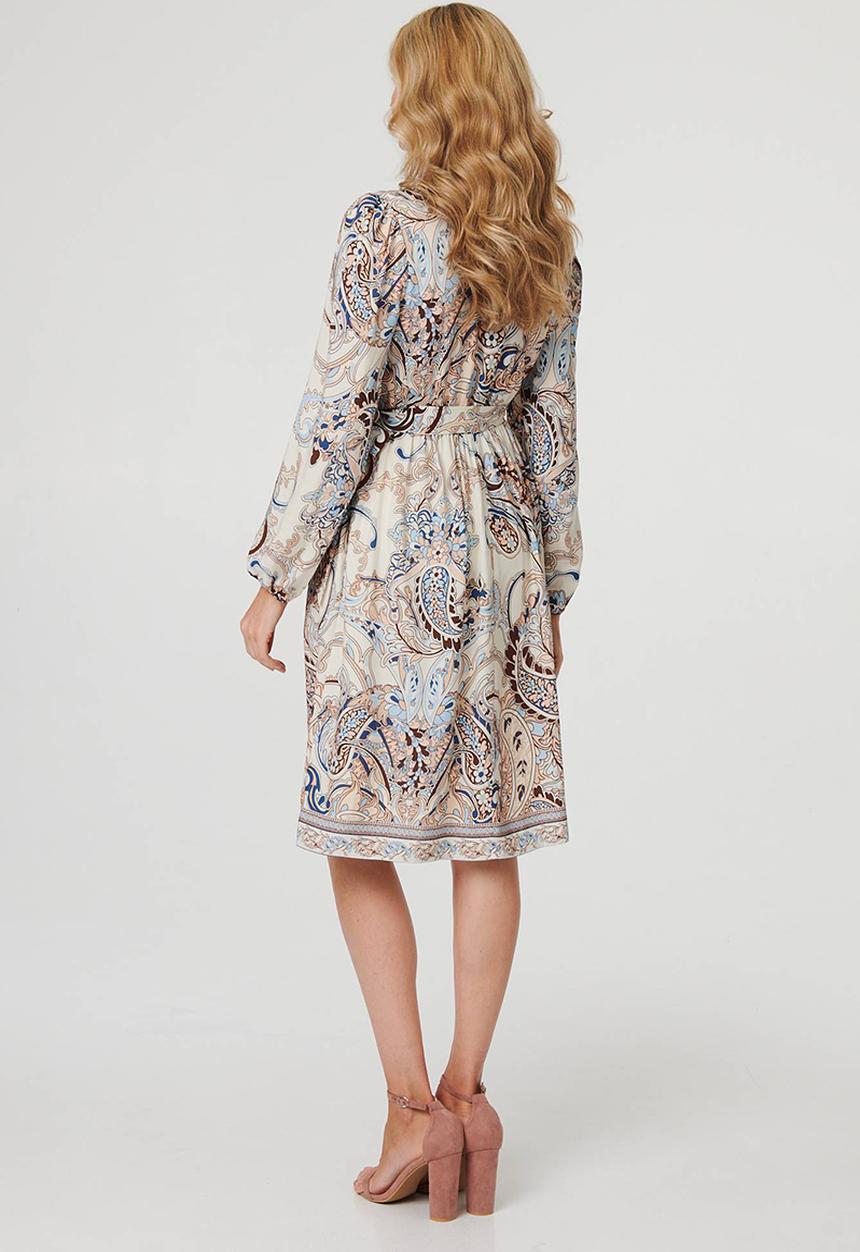 Stella Morgan - Ls With Elastic At Cuff V-Neck Midi Dress Border Print Detail - Multi 