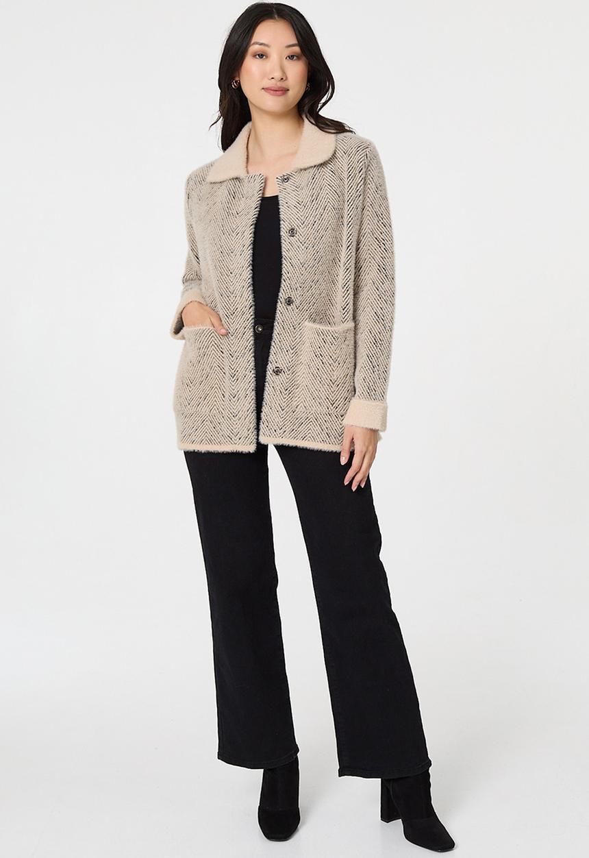 L/S Button Through Check Knitwear Jacket With Sherpa Collar - Beige
