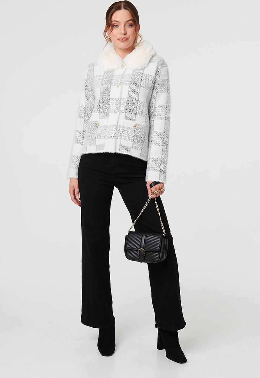 Stella Morgan - Ls Button Through Check Knitwear Jacket With Sherpa Collar - White