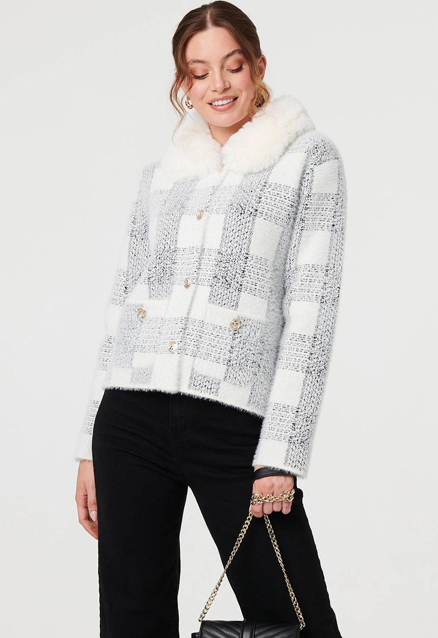 Stella Morgan - Ls Button Through Check Knitwear Jacket With Sherpa Collar - White
