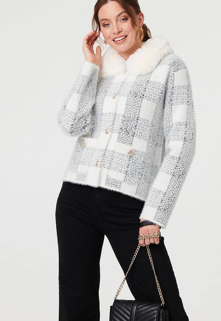 Stella Morgan - Ls Button Through Check Knitwear Jacket With Sherpa Collar - White