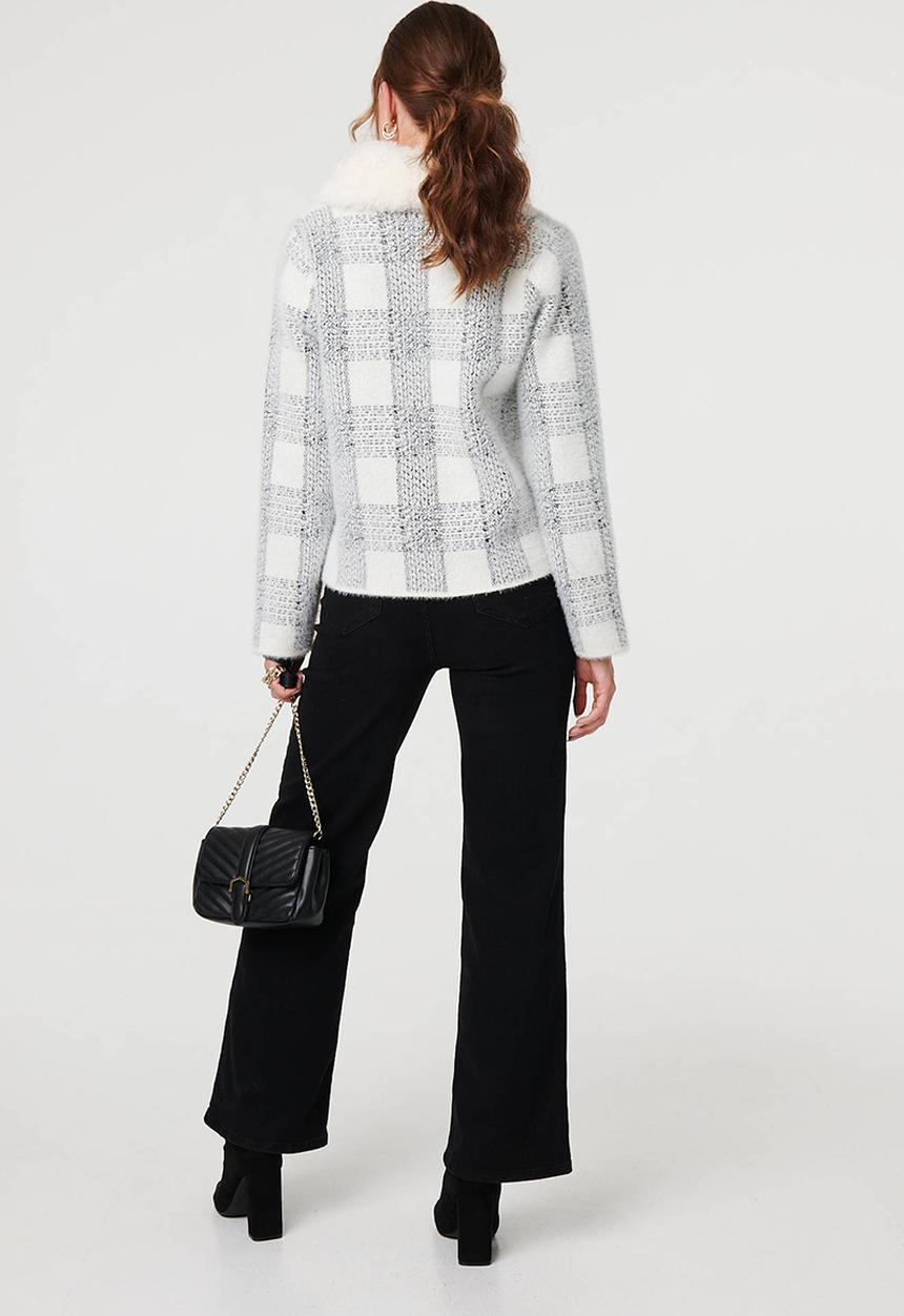 Stella Morgan - Ls Button Through Check Knitwear Jacket With Sherpa Collar - White