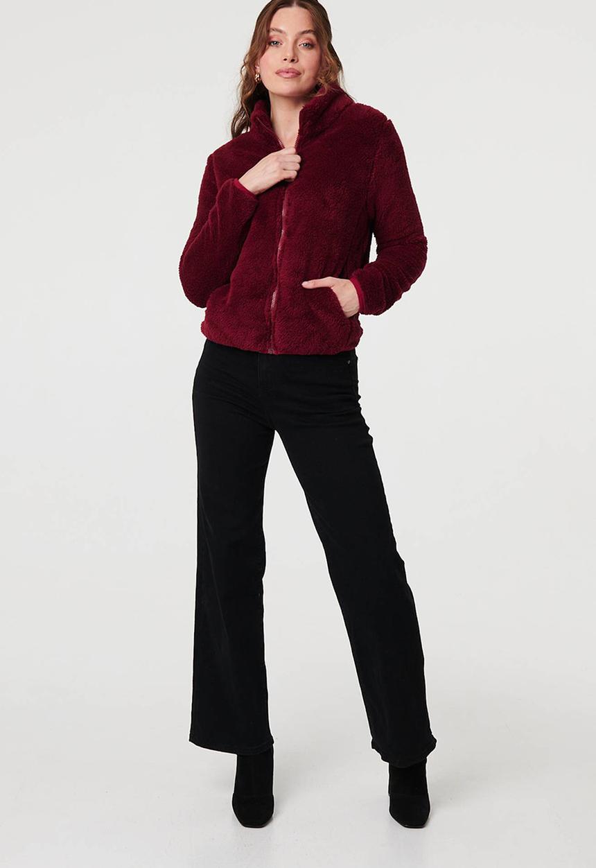Stella Morgan - Long sleeve Zip Through Faux Teddy Jacket - Wine