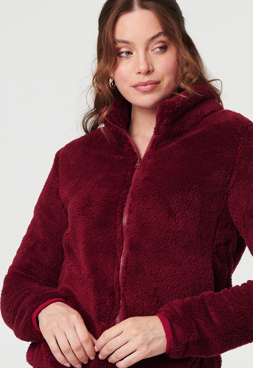 Stella Morgan - Long sleeve Zip Through Faux Teddy Jacket - Wine