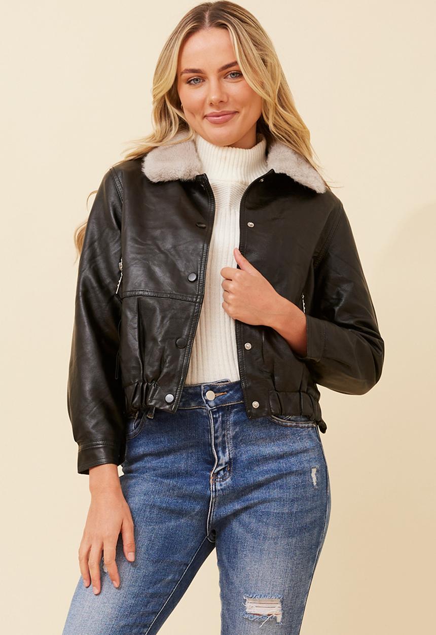 L/S Aviator Faux Leather Snap Button Through Cropped Length Jacket