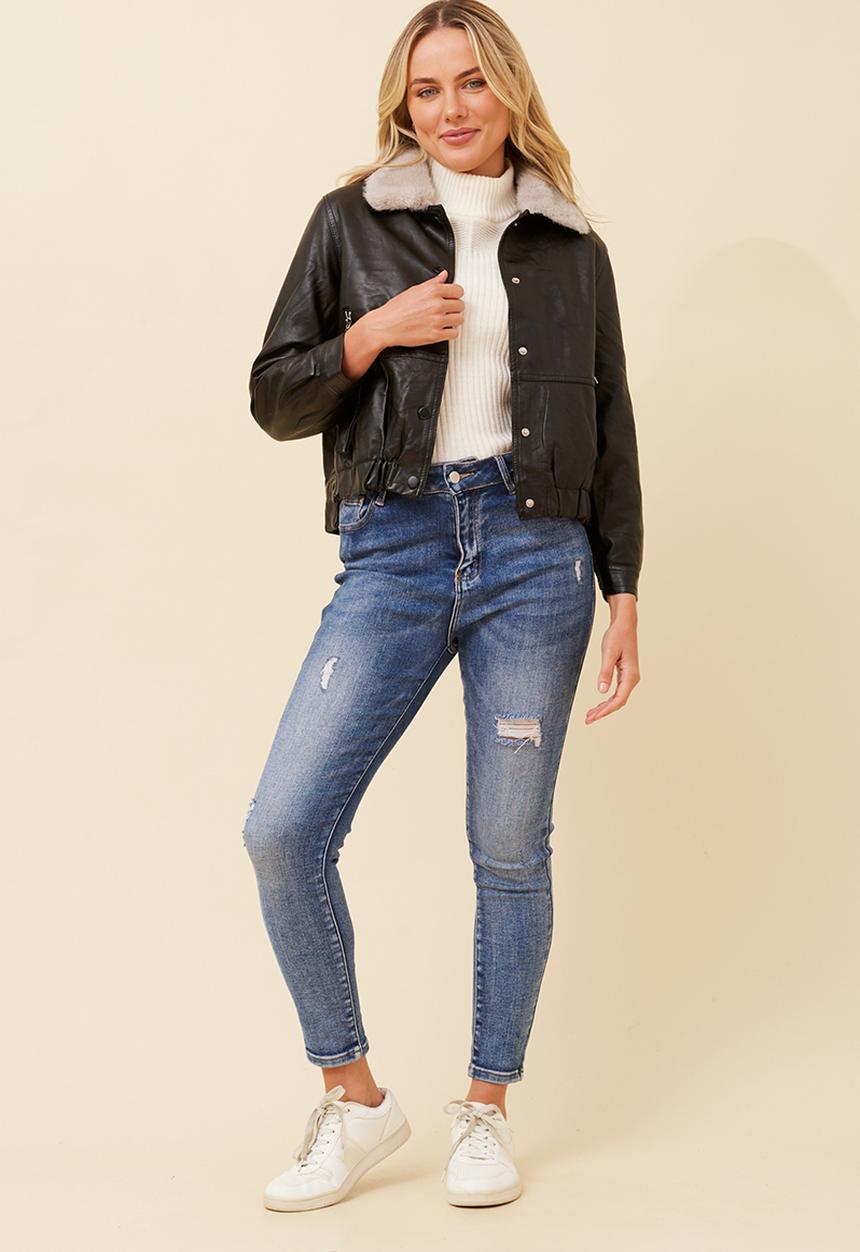 MANDI - Aviator Faux Leather Snap Button Through Cropped Length Jacket With Elastic At Hem - Black