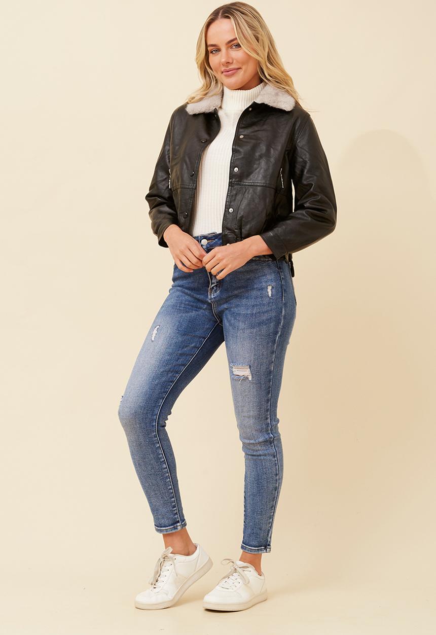 MANDI - Aviator Faux Leather Snap Button Through Cropped Length Jacket With Elastic At Hem - Black