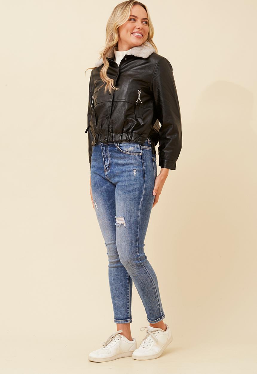 MANDI - Aviator Faux Leather Snap Button Through Cropped Length Jacket With Elastic At Hem - Black