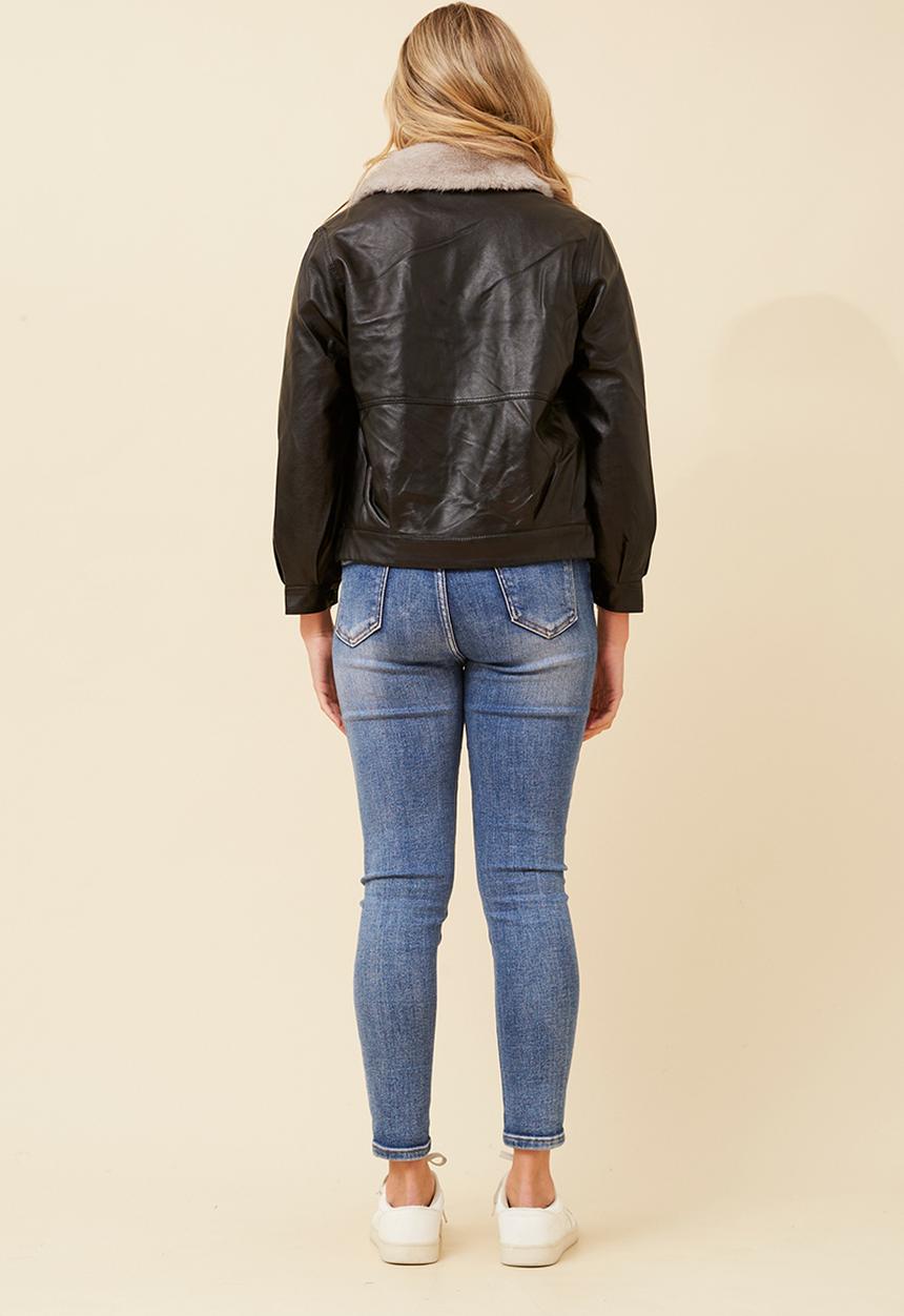 MANDI - Aviator Faux Leather Snap Button Through Cropped Length Jacket With Elastic At Hem - Black