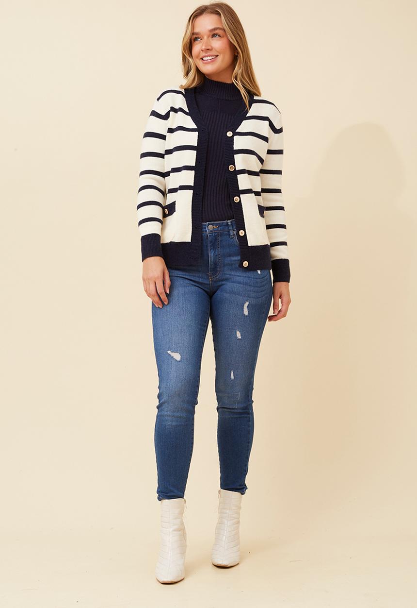 Izabel London - V-Neck Button Through Stripe Knitwear Cardi With Gold Buttons - Ivory