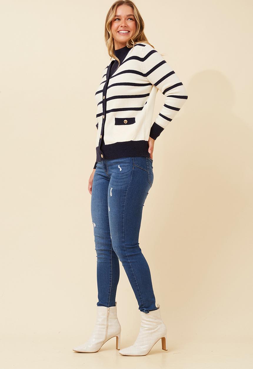 Izabel London - V-Neck Button Through Stripe Knitwear Cardi With Gold Buttons - Ivory