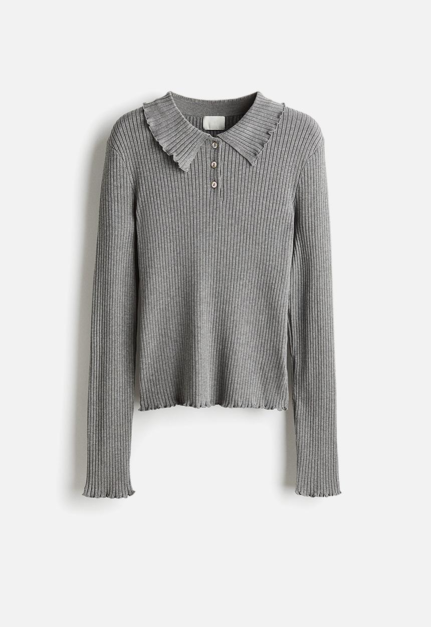 H&M - Rib-knit polo jumper - grey marl