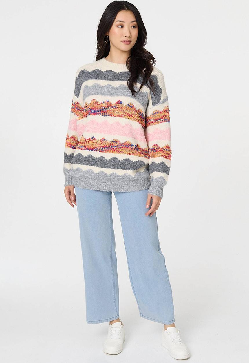 Stella Morgan - Long Sleeve Longer Length Knitwear Stripe Effect Jersey - Multi White