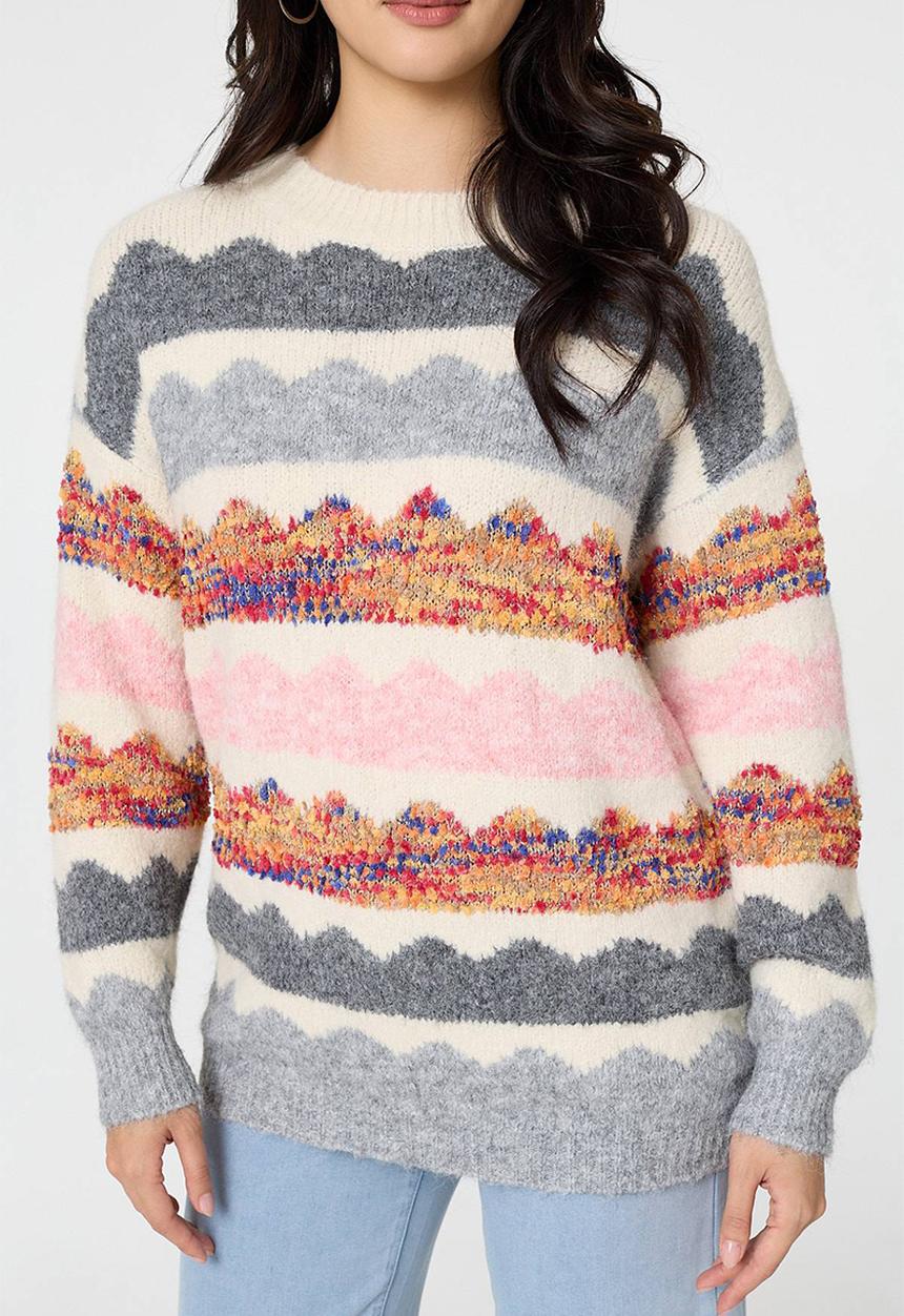 Stella Morgan - Long Sleeve Longer Length Knitwear Stripe Effect Jersey - Multi White