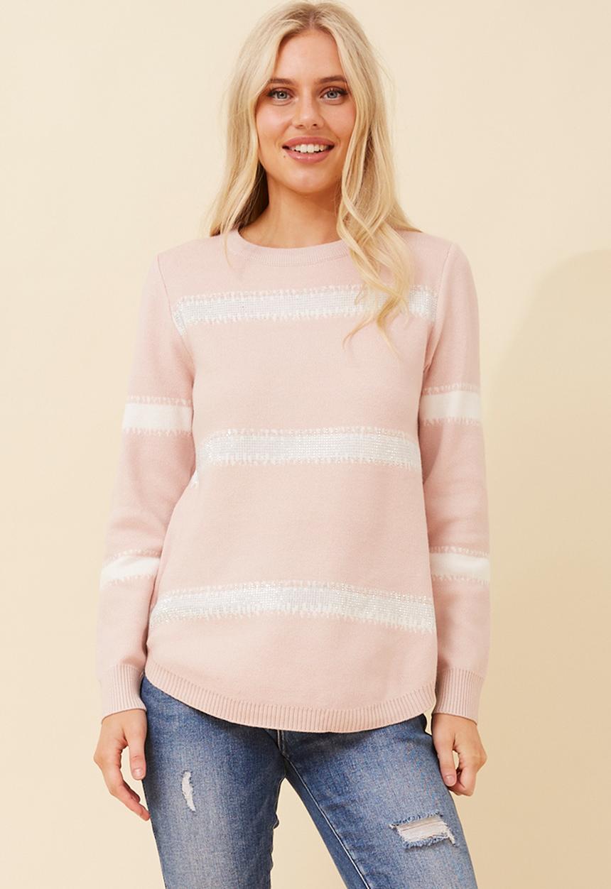 Stella Morgan - L/S Stripe Knitwear Jersey With Blong On Feront Panel - Pink