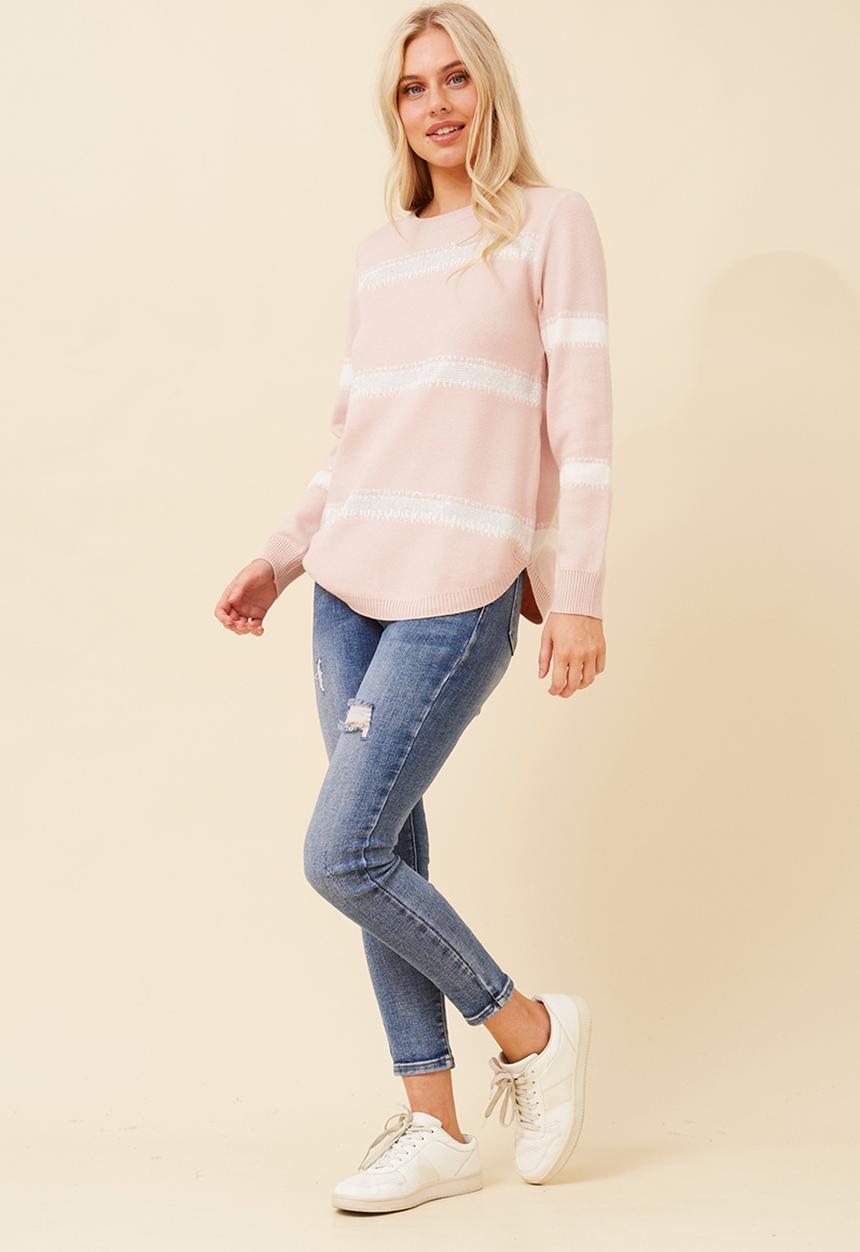 Stella Morgan - L/S Stripe Knitwear Jersey With Blong On Feront Panel - Pink