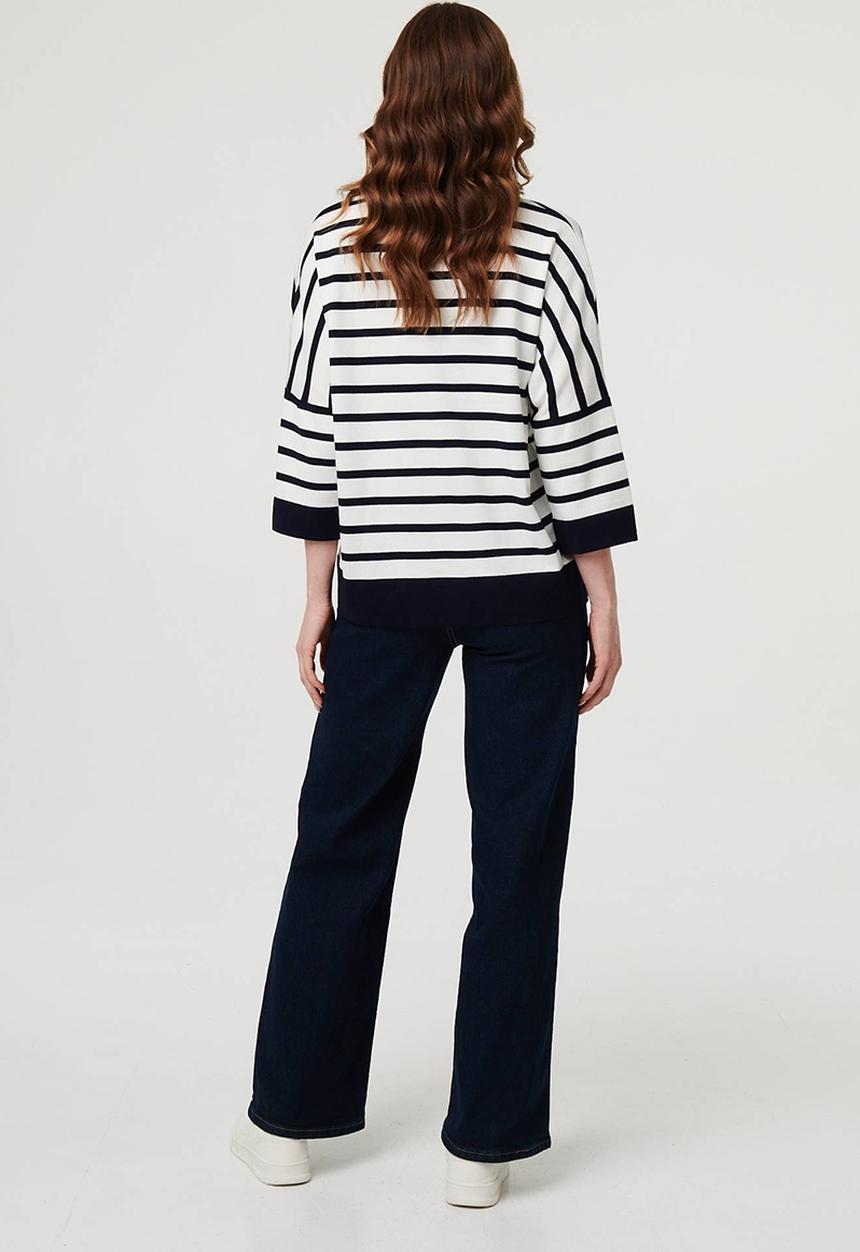 Stella Morgan - L/S Drop Shoulder Easy Wearing 3 Button Stripe Knitwear Jersey - Multi Navy