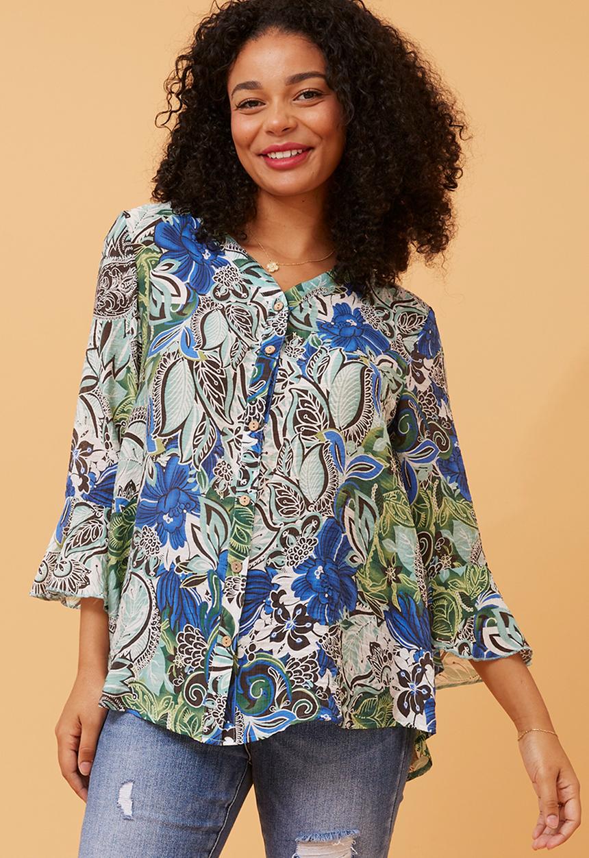 3/4 Sleeve With Flutter V-Neck Button Through Sheer Blouse - Blue