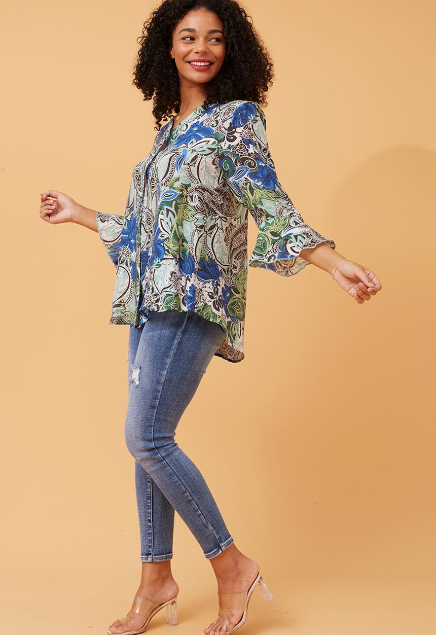 Stella Morgan - 3/4 Sleeve With Flutter V-Neck Button Through Sheer Blouse - Blue