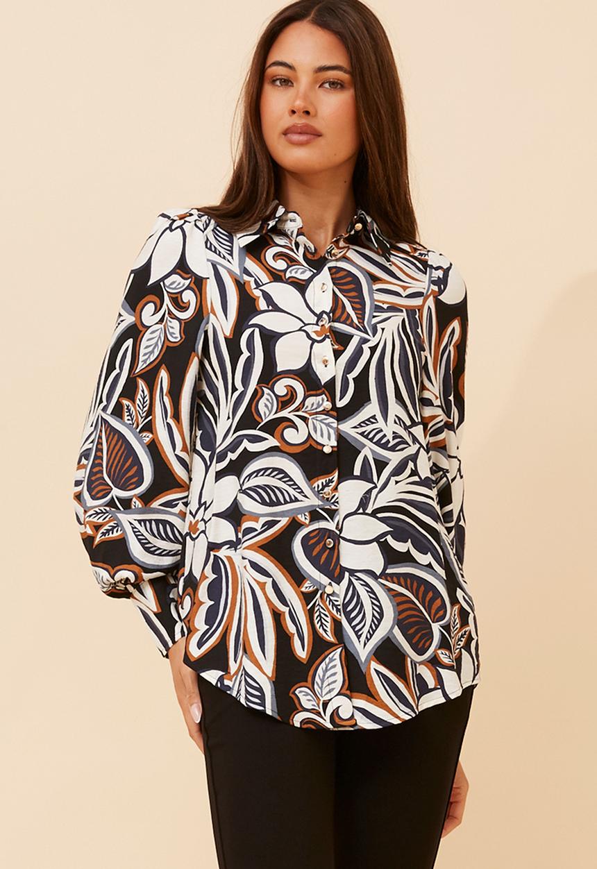 Izabel London - L/S Button Through Collared Printed Blouse With Wide Cuff On Sleeve - Navy