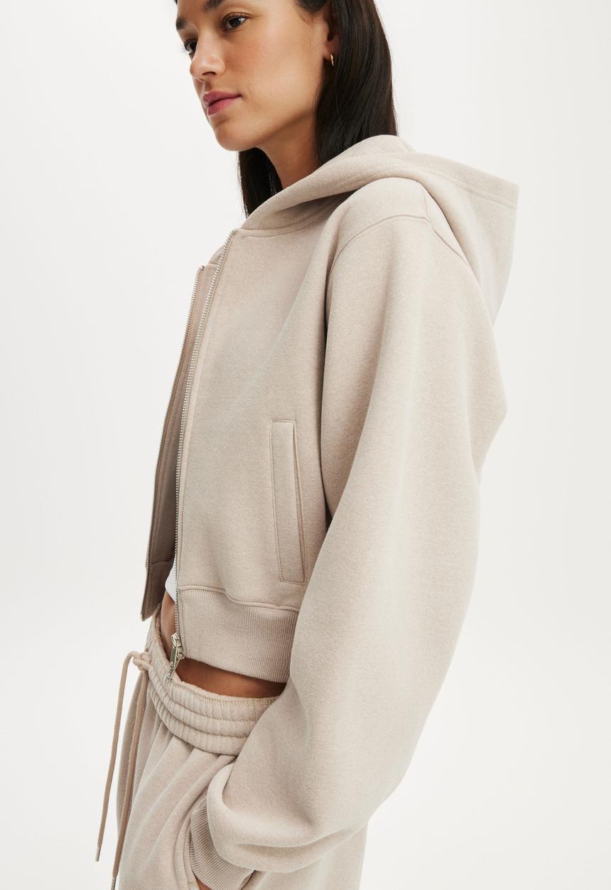 Plush Relaxed Zip Through Hoodie - Sesame Marle
