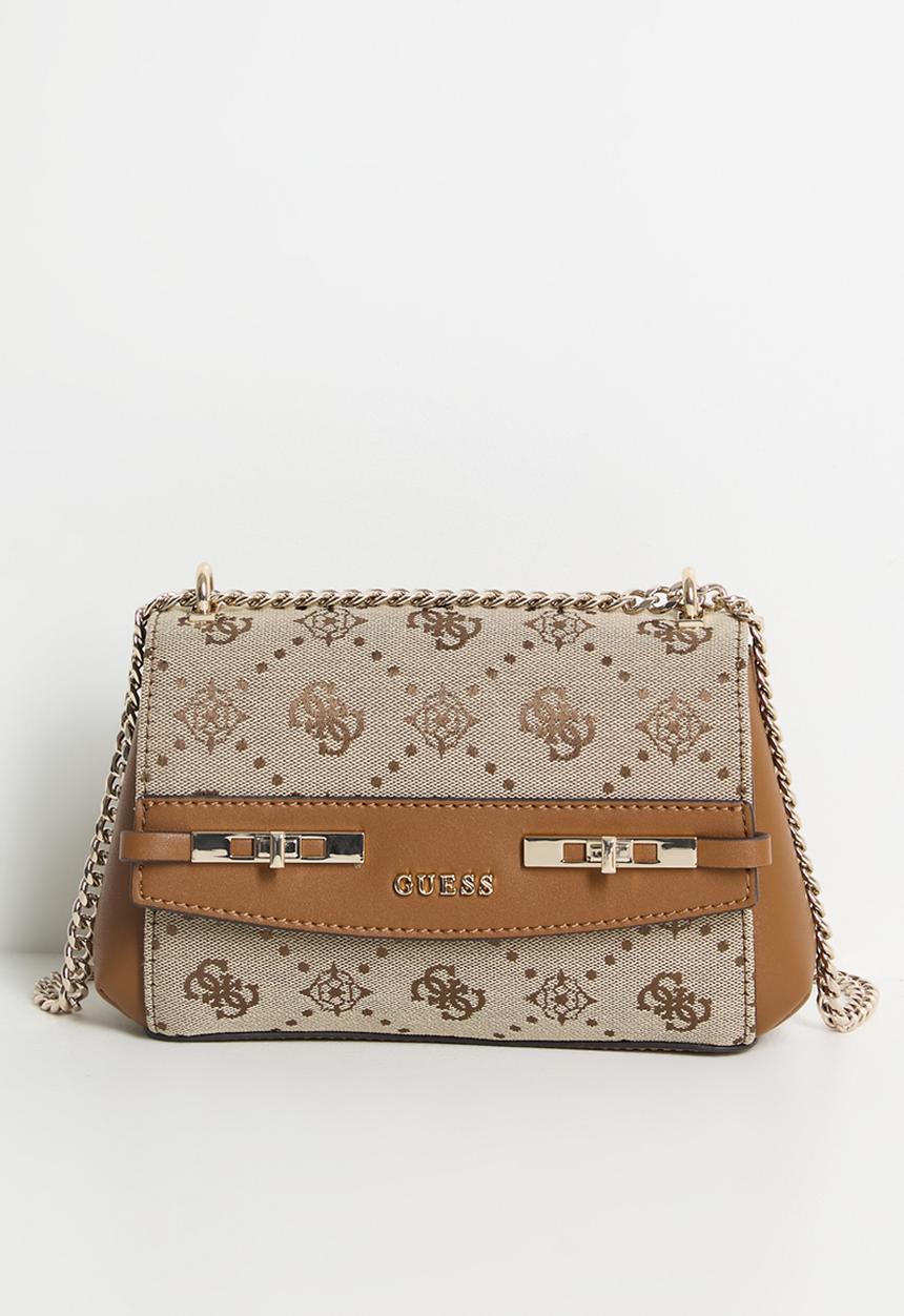 GUESS - Melinda logo mini convertible crossbody flap bag- latte logo