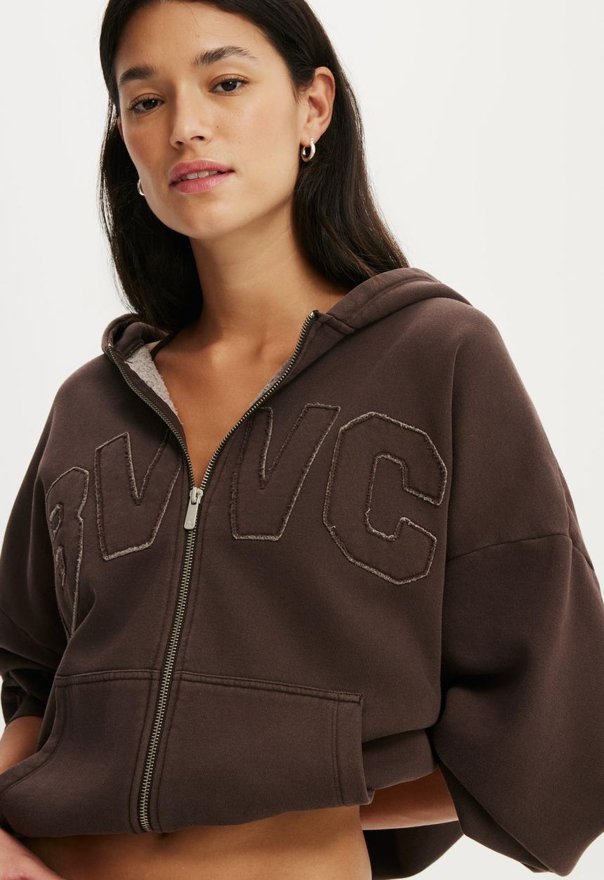 Cotton On - Fleece Oversized Zip Through Hoodie - Washed French Roast/Bwc