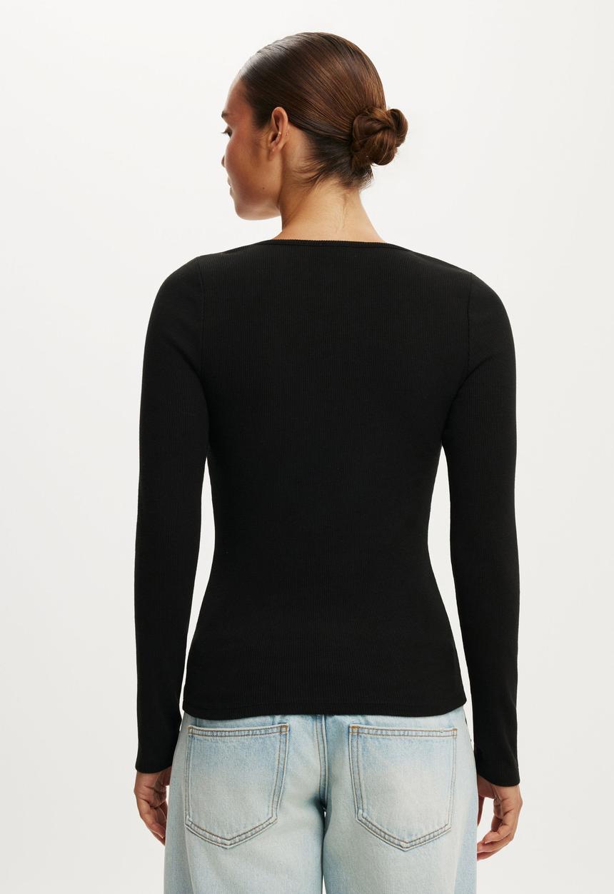 Cotton On - Goldie rib scoop neck long sleeve - black