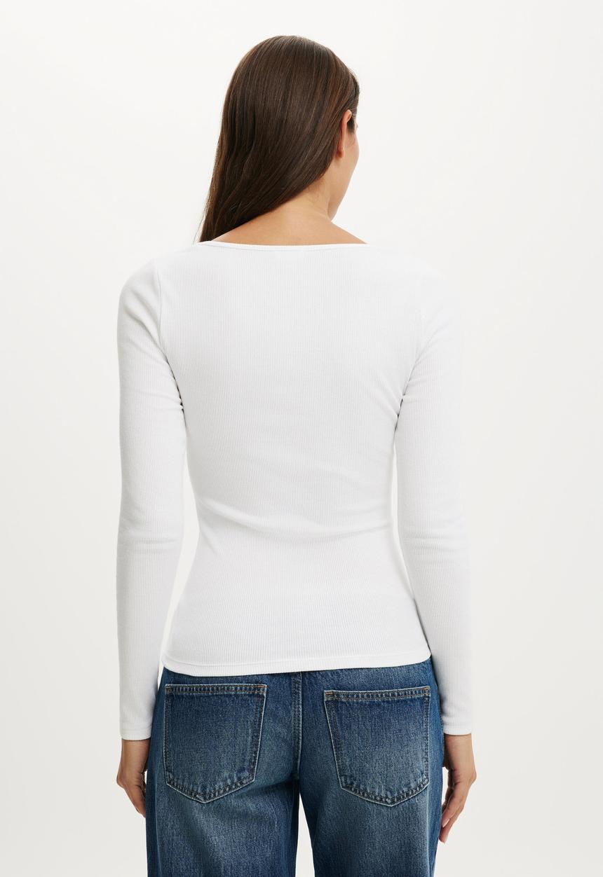 Cotton On - Goldie rib scoop neck long sleeve - white