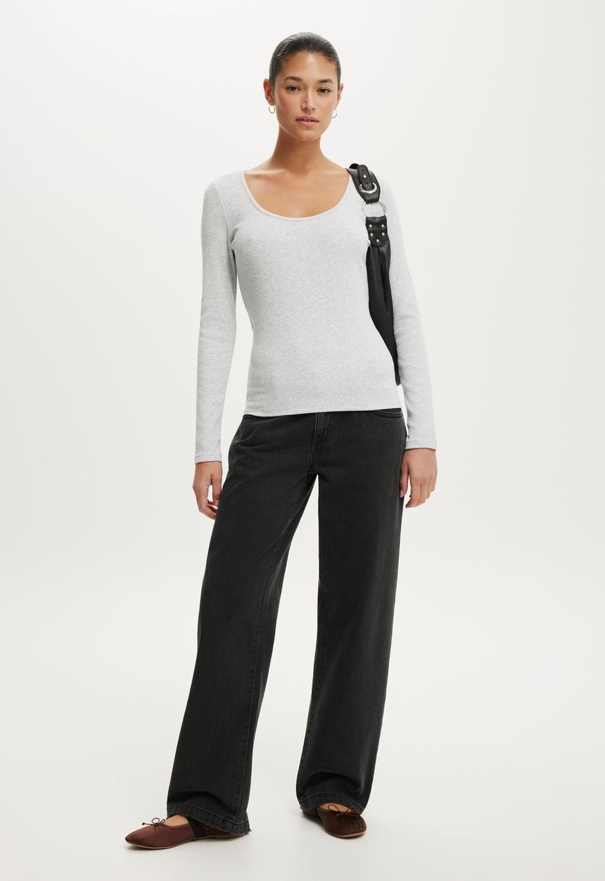 Cotton On - Goldie rib scoop neck long sleeve - grey marle