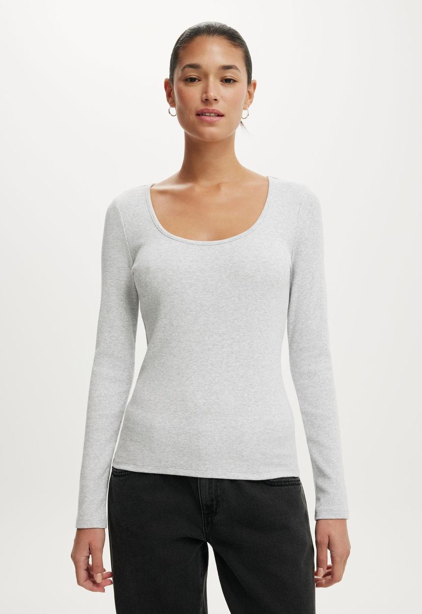 Cotton On - Goldie rib scoop neck long sleeve - grey marle