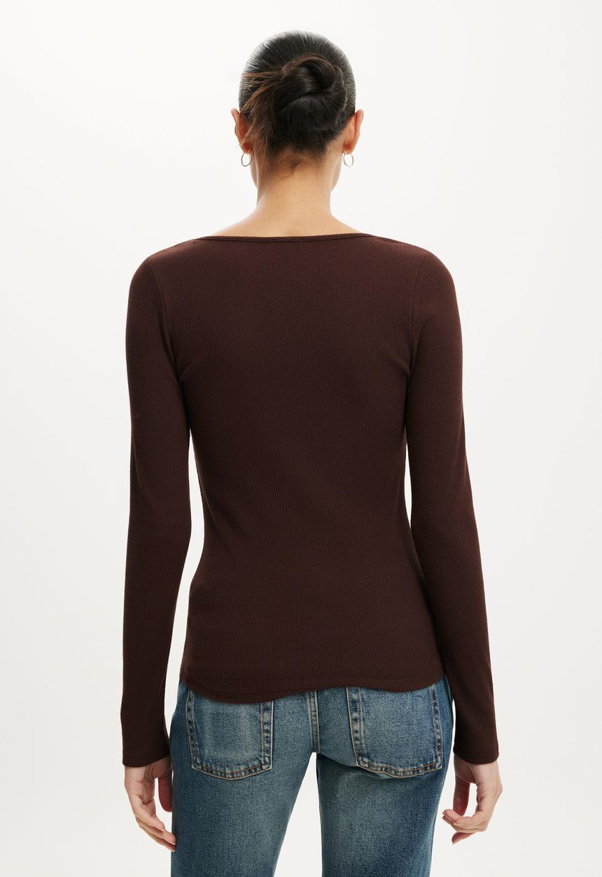 Cotton On - Goldie rib scoop neck long sleeve - dark oak
