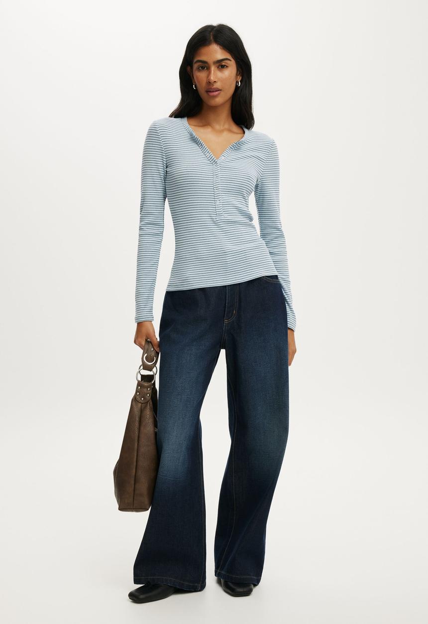 Cotton On - Blake henley long sleeve - lisa stripe iced marine/twilight