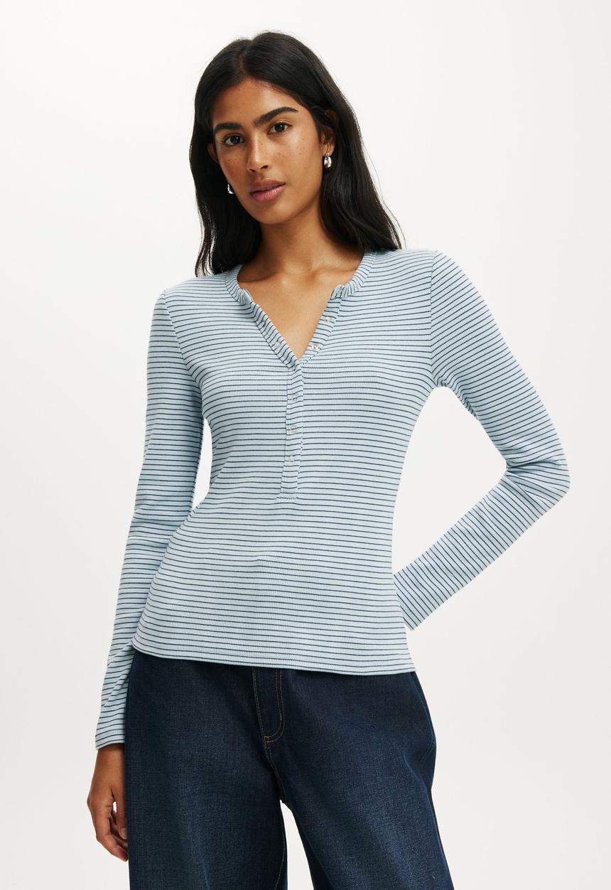 Cotton On - Blake henley long sleeve - lisa stripe iced marine/twilight