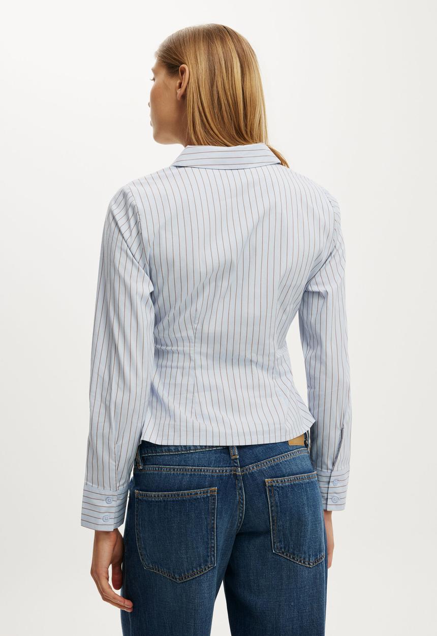 Cotton On - Peyton gathered long sleeve shirt - brenda pinstripe blue