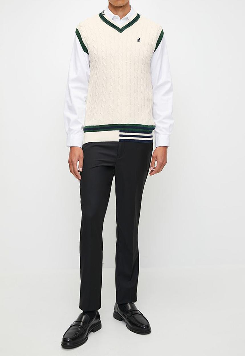 POLO - Mens Sl Cable V Neck Knitwear - Off White
