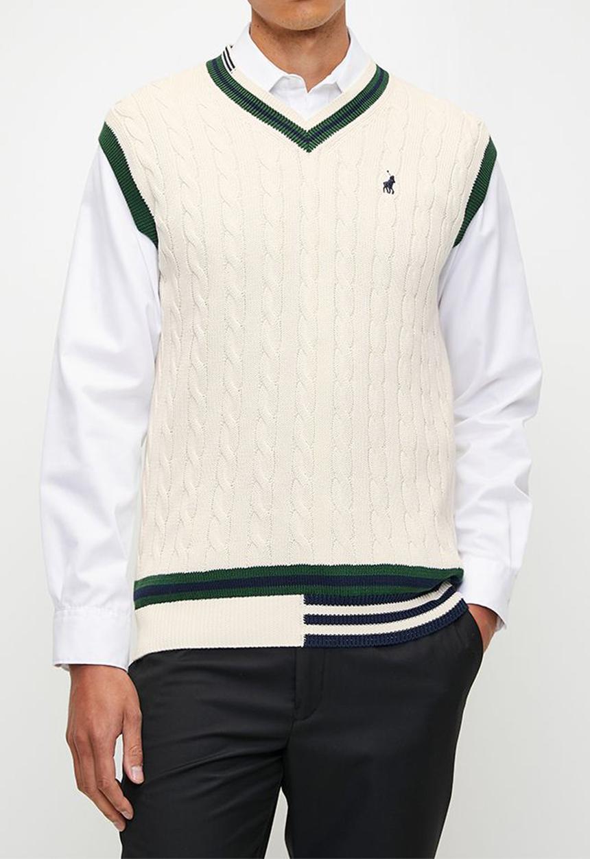POLO - Mens Sl Cable V Neck Knitwear - Off White