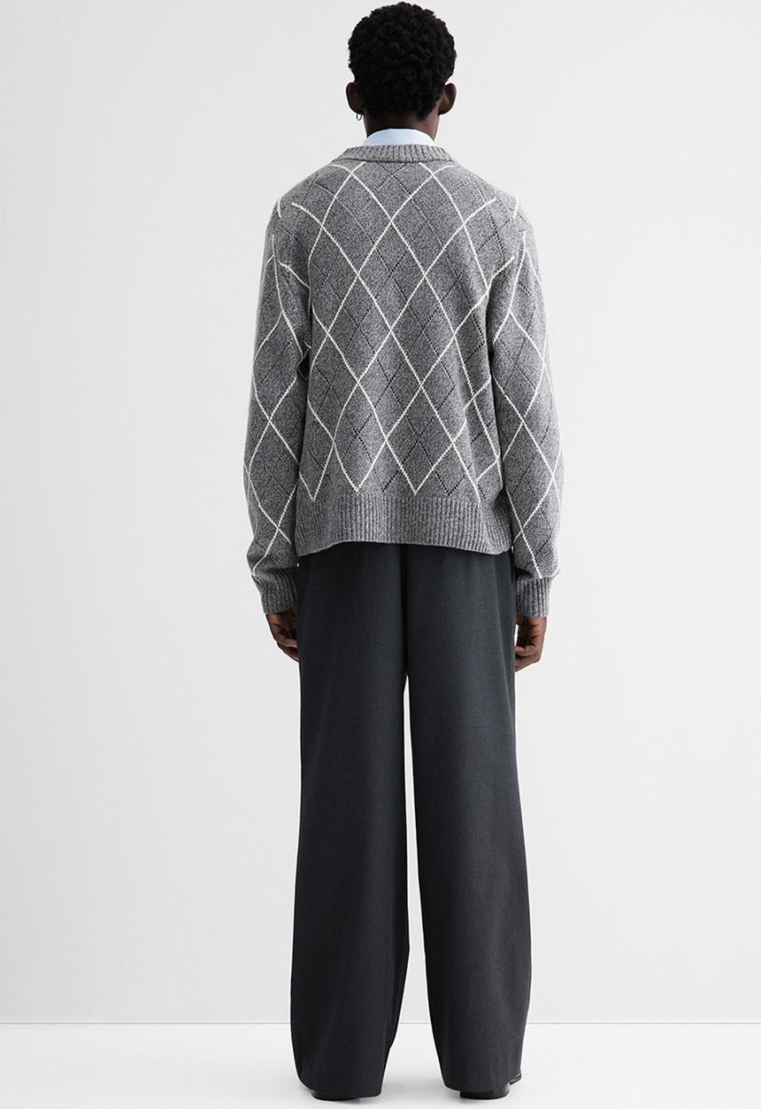 H&M - Regular fit wool-blend v-neck jumper - grey/argyle pattern