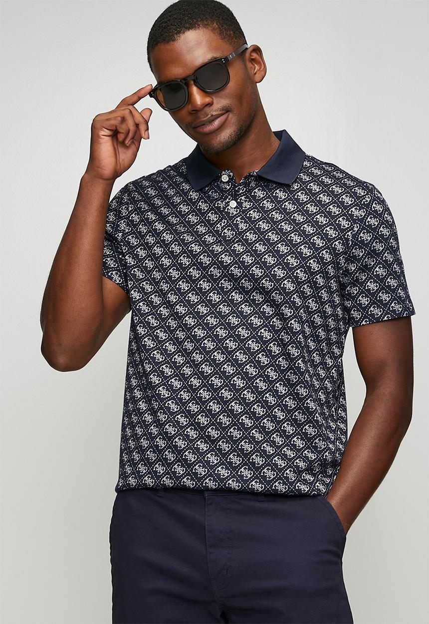 GUESS - Short sleeve G Jacquard Polo - 4G Allover Dark Blue