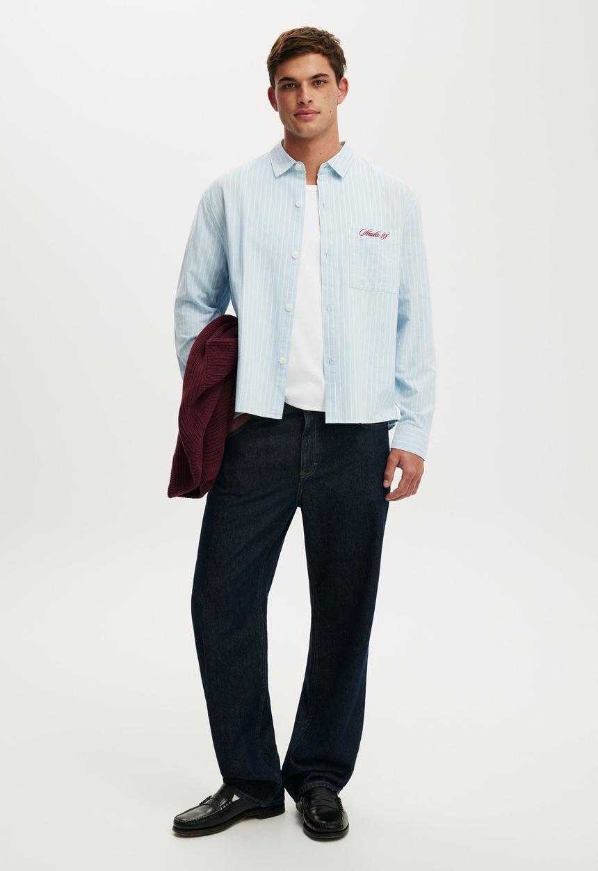 Cotton On - Bedford long sleeve shirt - sky stripe emb