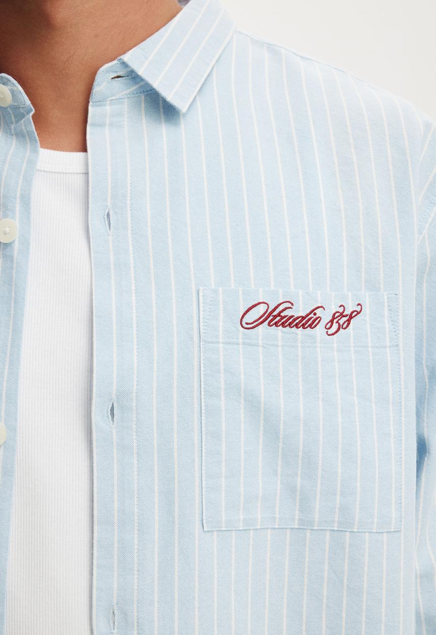 Cotton On - Bedford long sleeve shirt - sky stripe emb