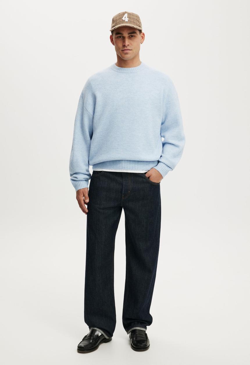 Cotton On - Box Fit Fuzzy Crew Knit - Blue Marle