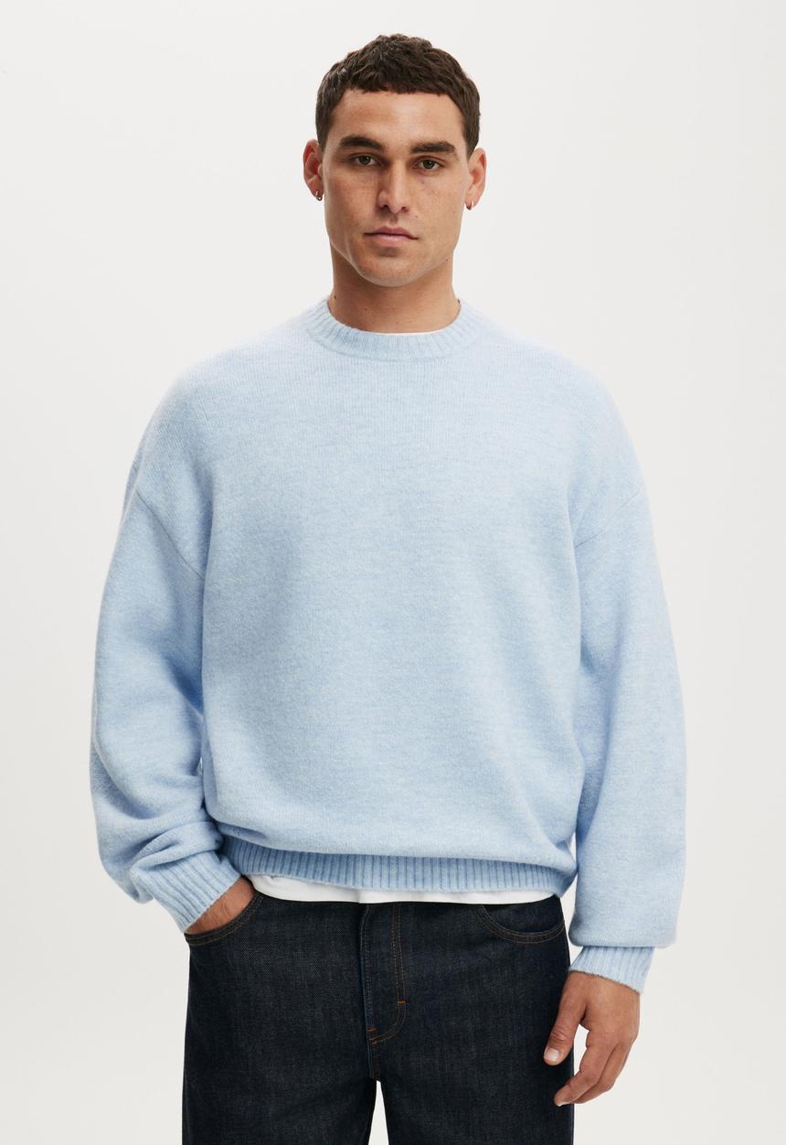 Cotton On - Box Fit Fuzzy Crew Knit - Blue Marle