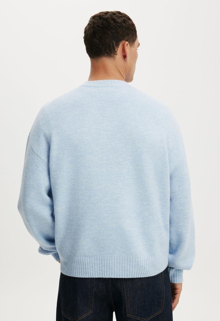 Cotton On - Box Fit Fuzzy Crew Knit - Blue Marle