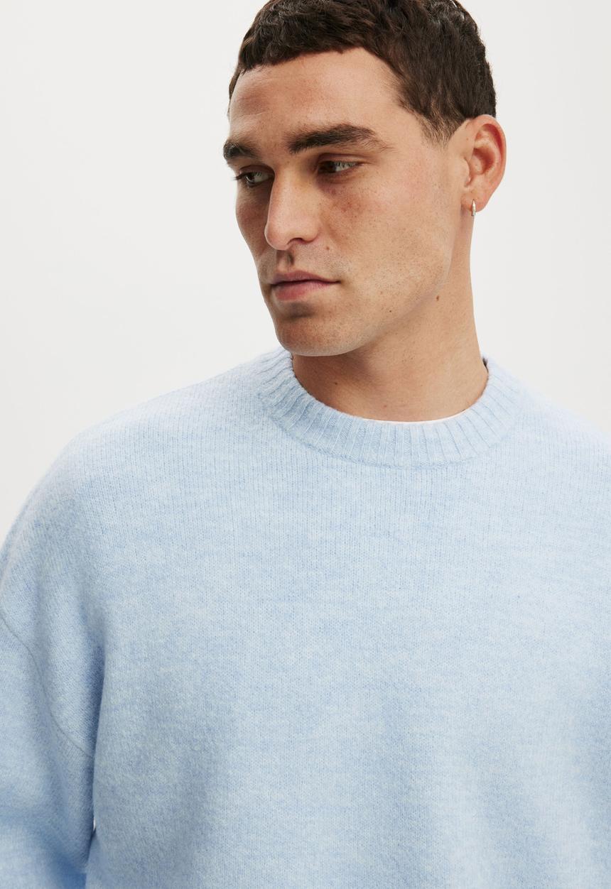 Cotton On - Box Fit Fuzzy Crew Knit - Blue Marle