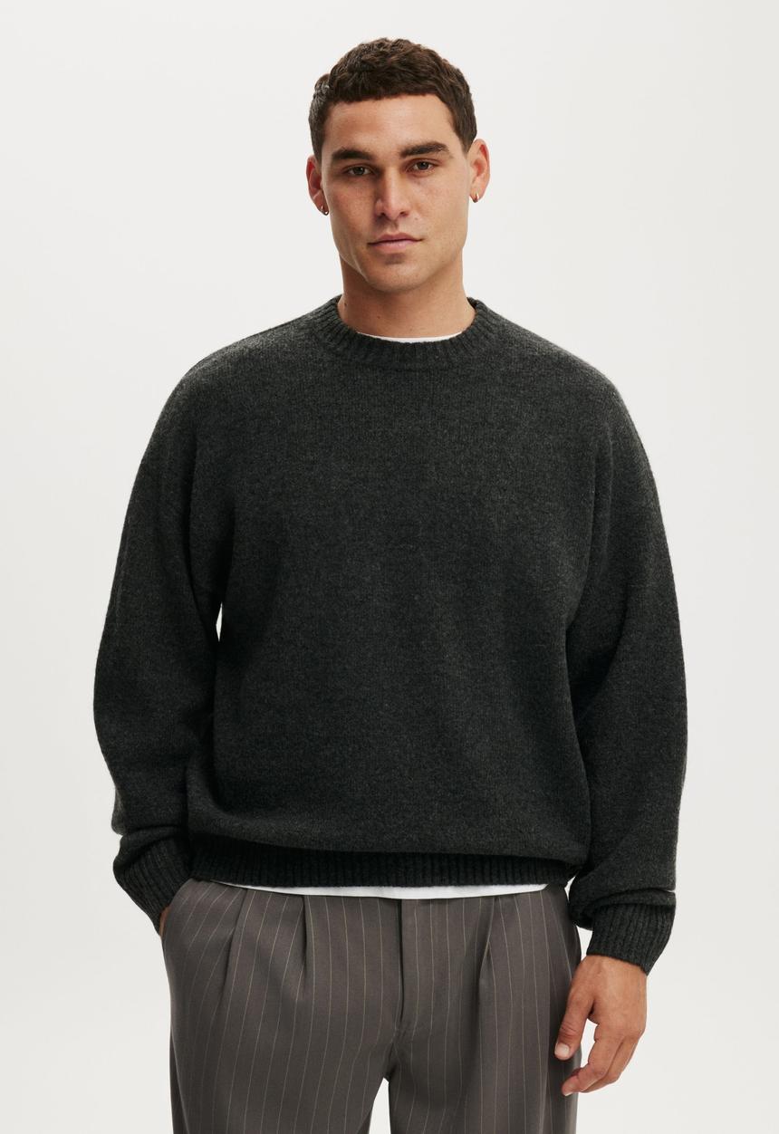 Cotton On - Box Fit Fuzzy Crew Knit - Charcoal Marle